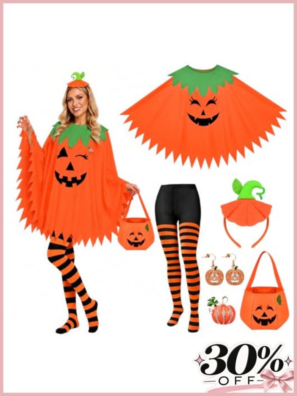 6 Piece Pumpkin Halloween Costume Set for Women Adult with Double-Sided Poncho